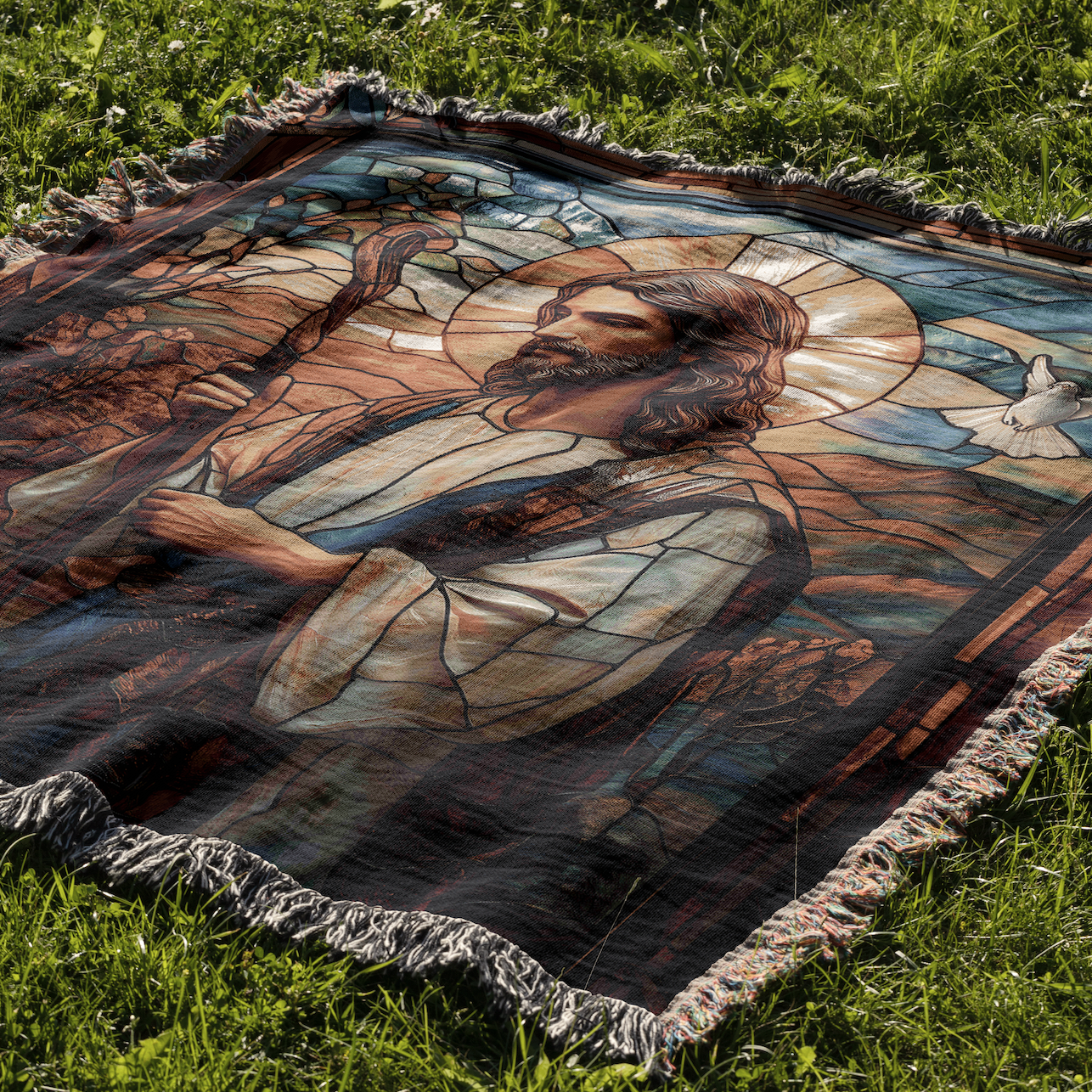 ๐ Stained Glass Jesus Woven Blanket - Inspirational Christian Tapestry