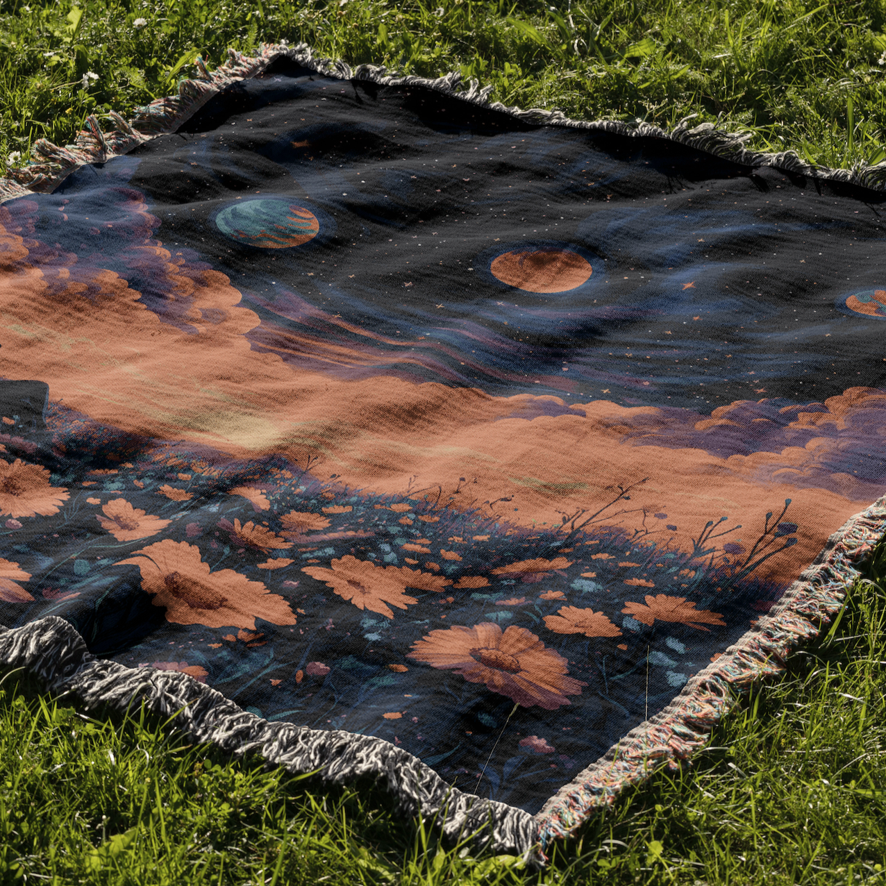 π Cosmic Daydream Woven Blanket - Surreal Galaxy & Floral Tapestry