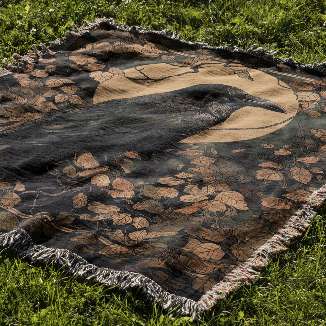 Mystic Raven Woven Blanket - Gothic Moonlit Tapestry