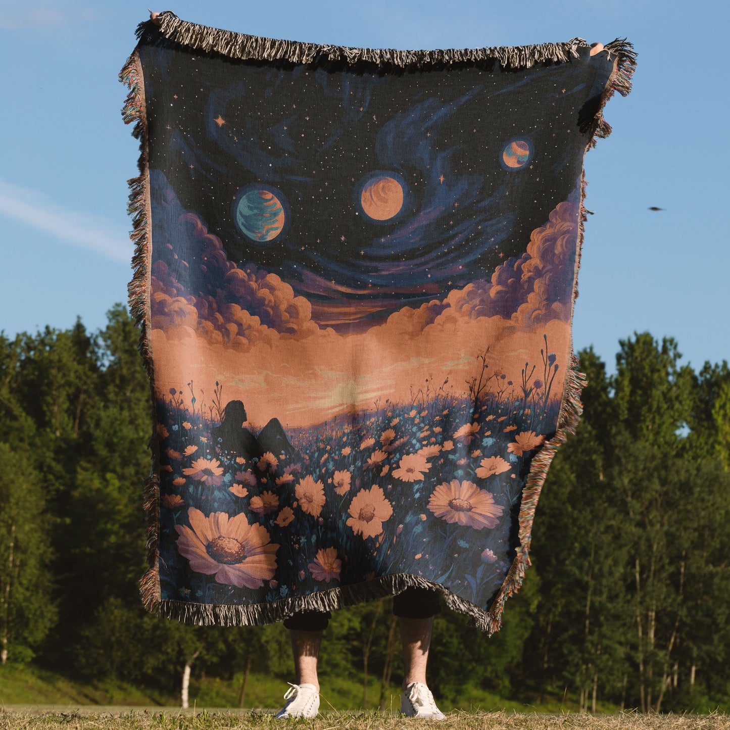 π Cosmic Daydream Woven Blanket - Surreal Galaxy & Floral Tapestry