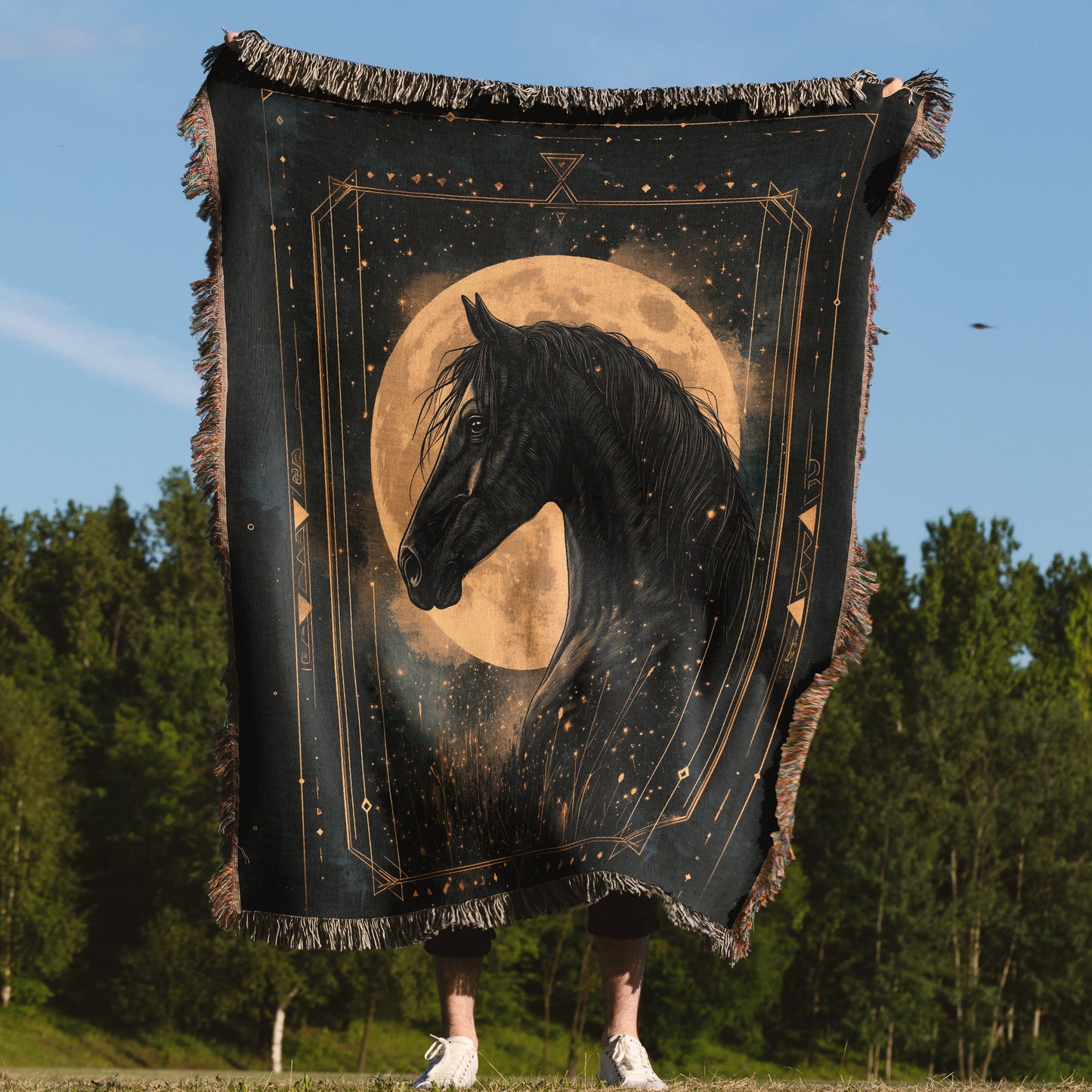 Enchanted Black Horse Woven Blanket - Moonlit Equestrian Tapestry