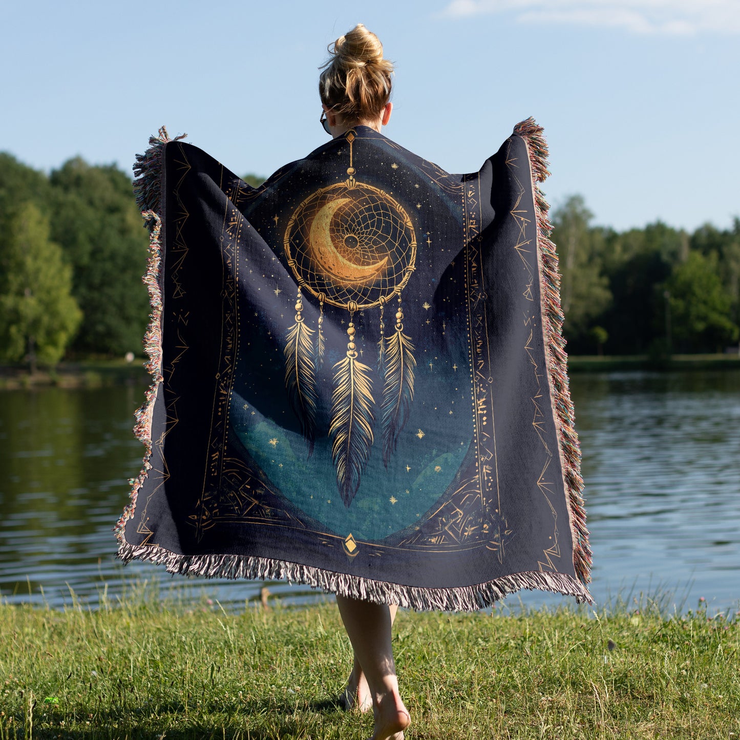 Celestial Dreamcatcher Woven Blanket - Mystical Moon & Stars Tapestry