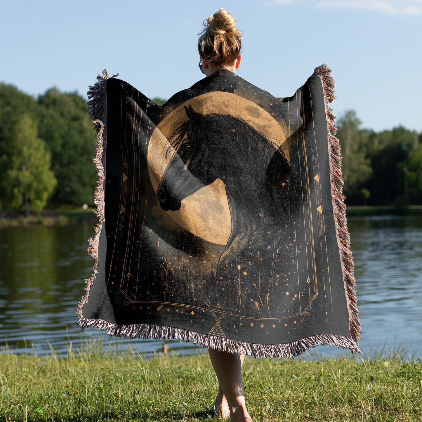 Enchanted Black Horse Woven Blanket - Moonlit Equestrian Tapestry