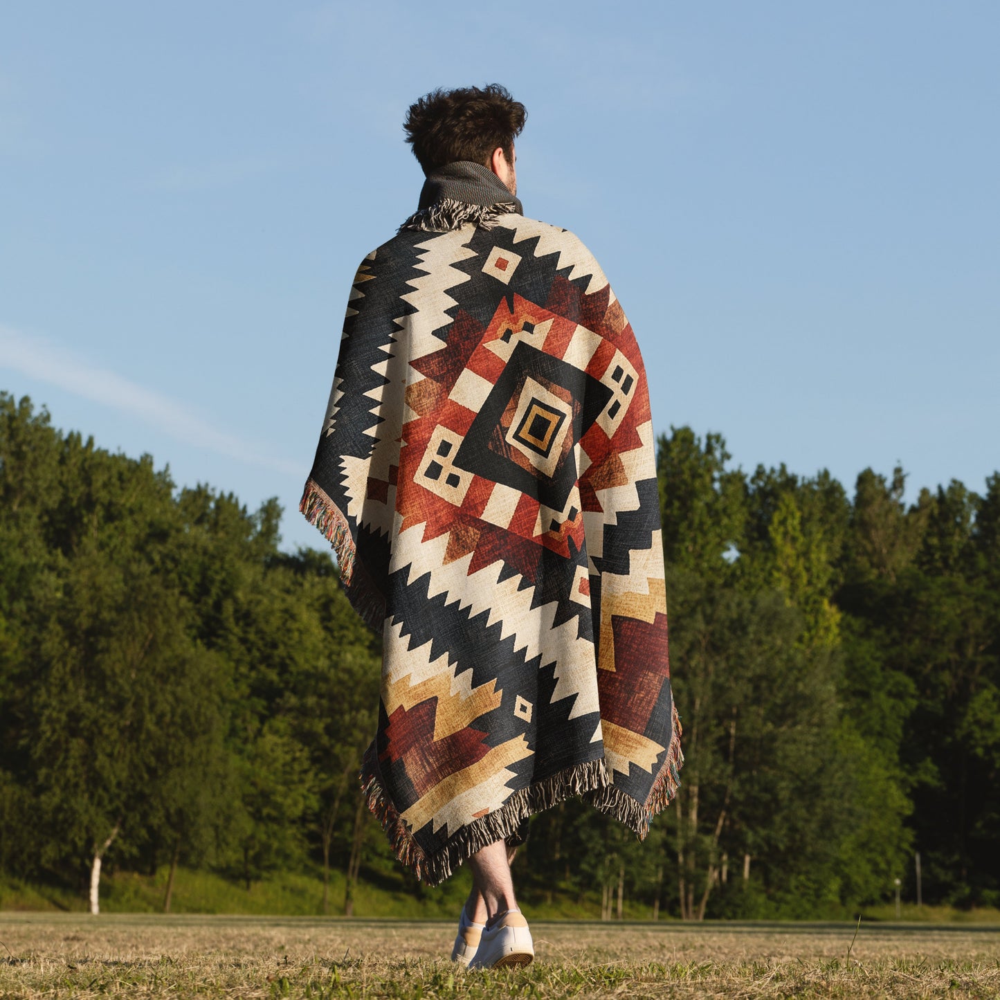 Southwestern Tribal Woven Blanket - Rustic Boho Geometric Tapestry