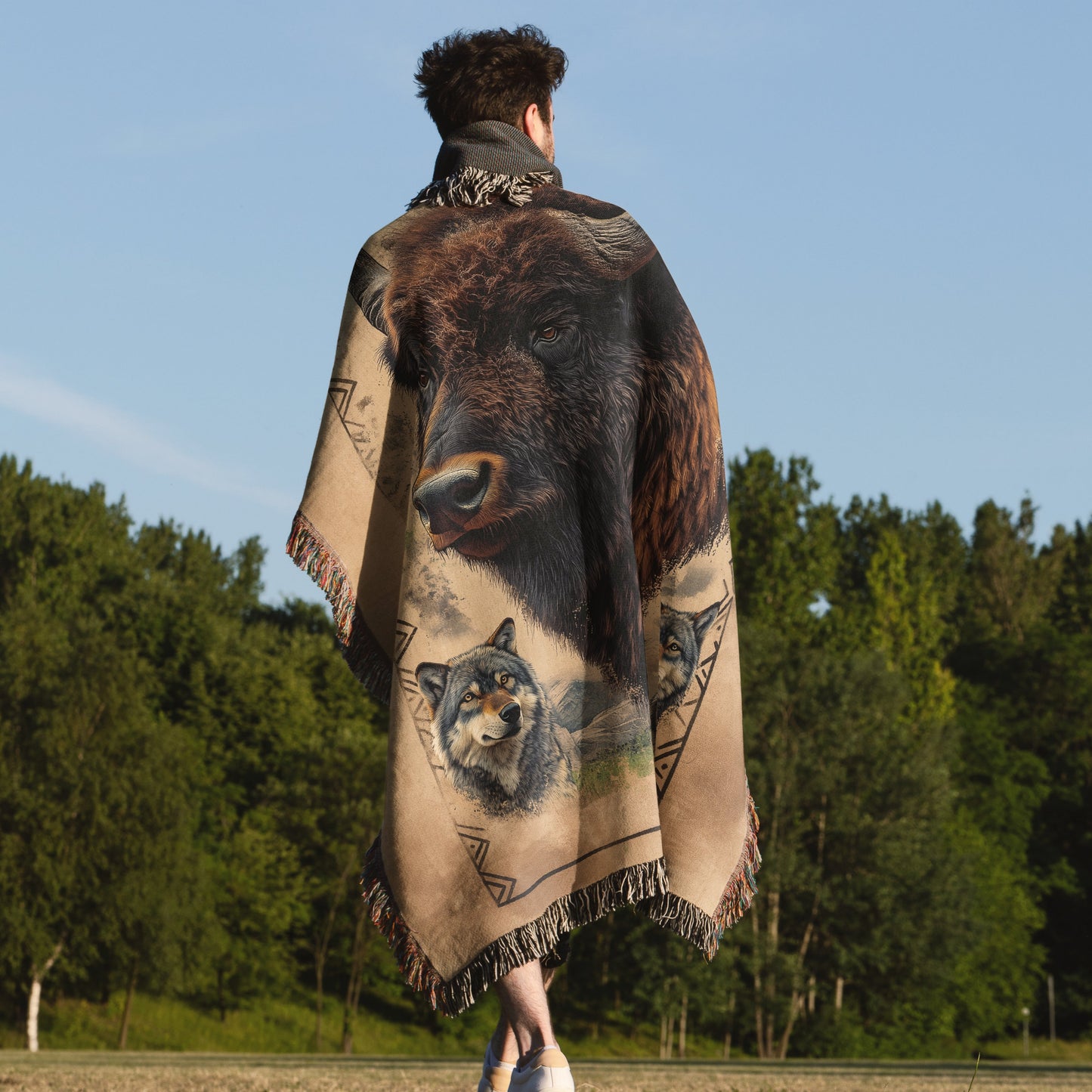 Majestic Bison & Wolves Woven Blanket - Rustic Wildlife Tapestry