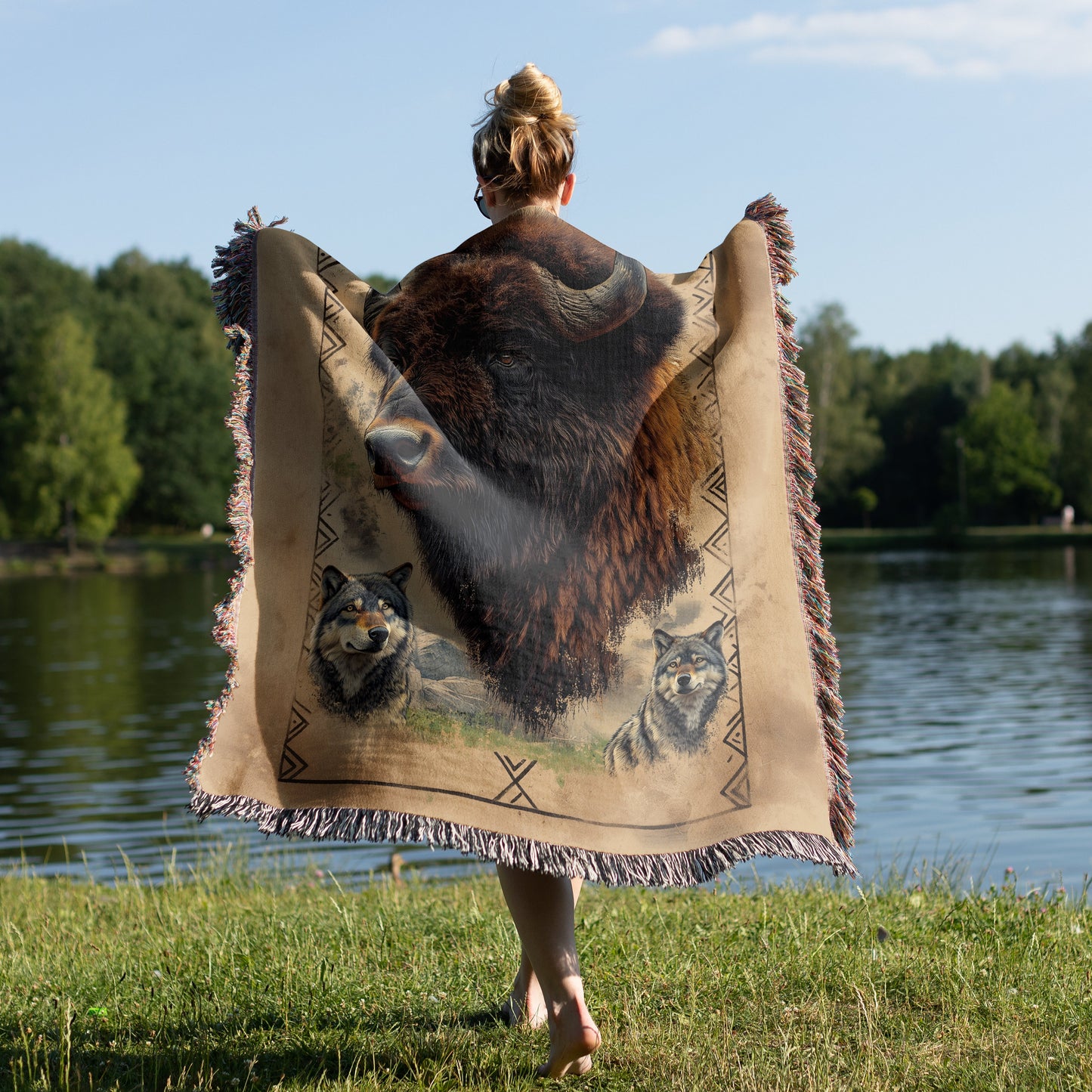 Majestic Bison & Wolves Woven Blanket - Rustic Wildlife Tapestry