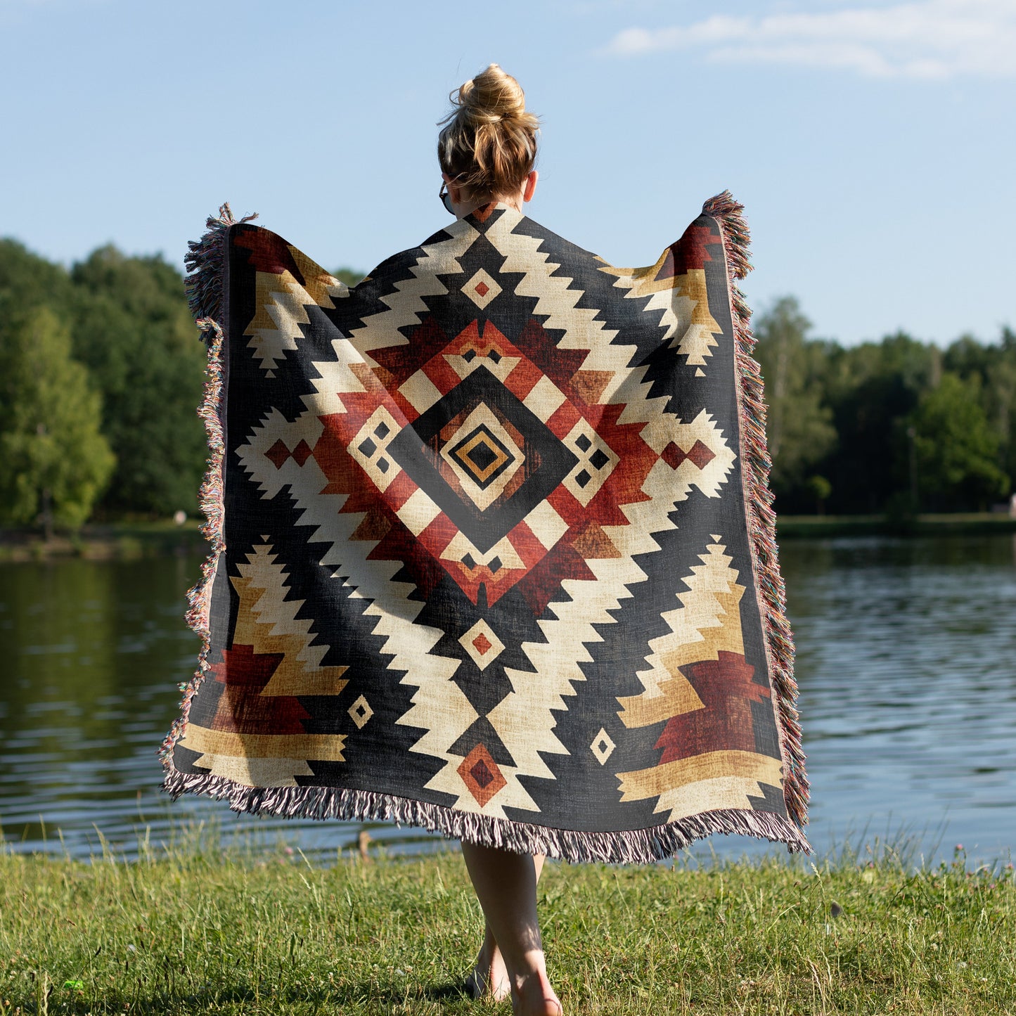 Southwestern Tribal Woven Blanket - Rustic Boho Geometric Tapestry