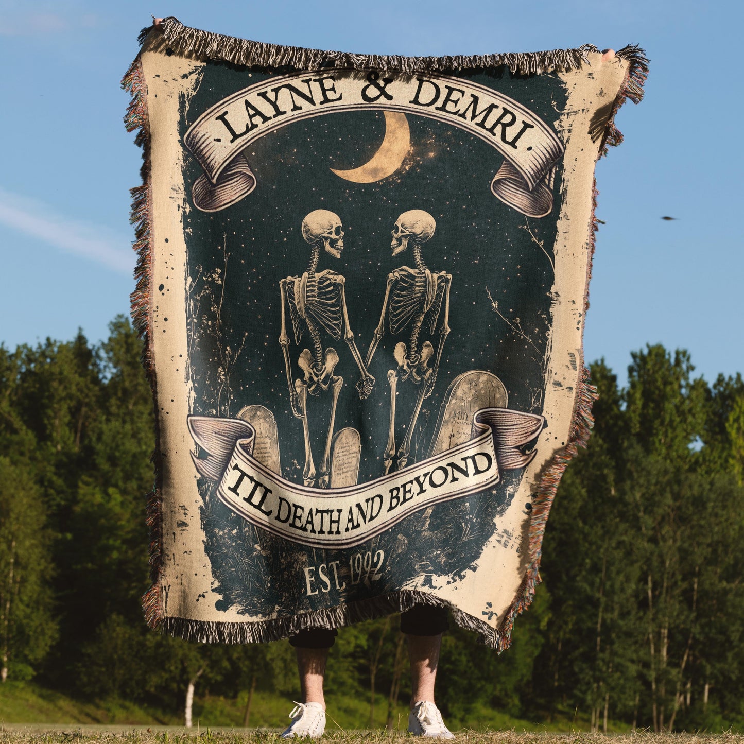 Custom Woven Gothic Blanket Tapestry - Romantic Skeleton Couple | Personalized Wedding, Anniversary & Valentine’s Day Gift