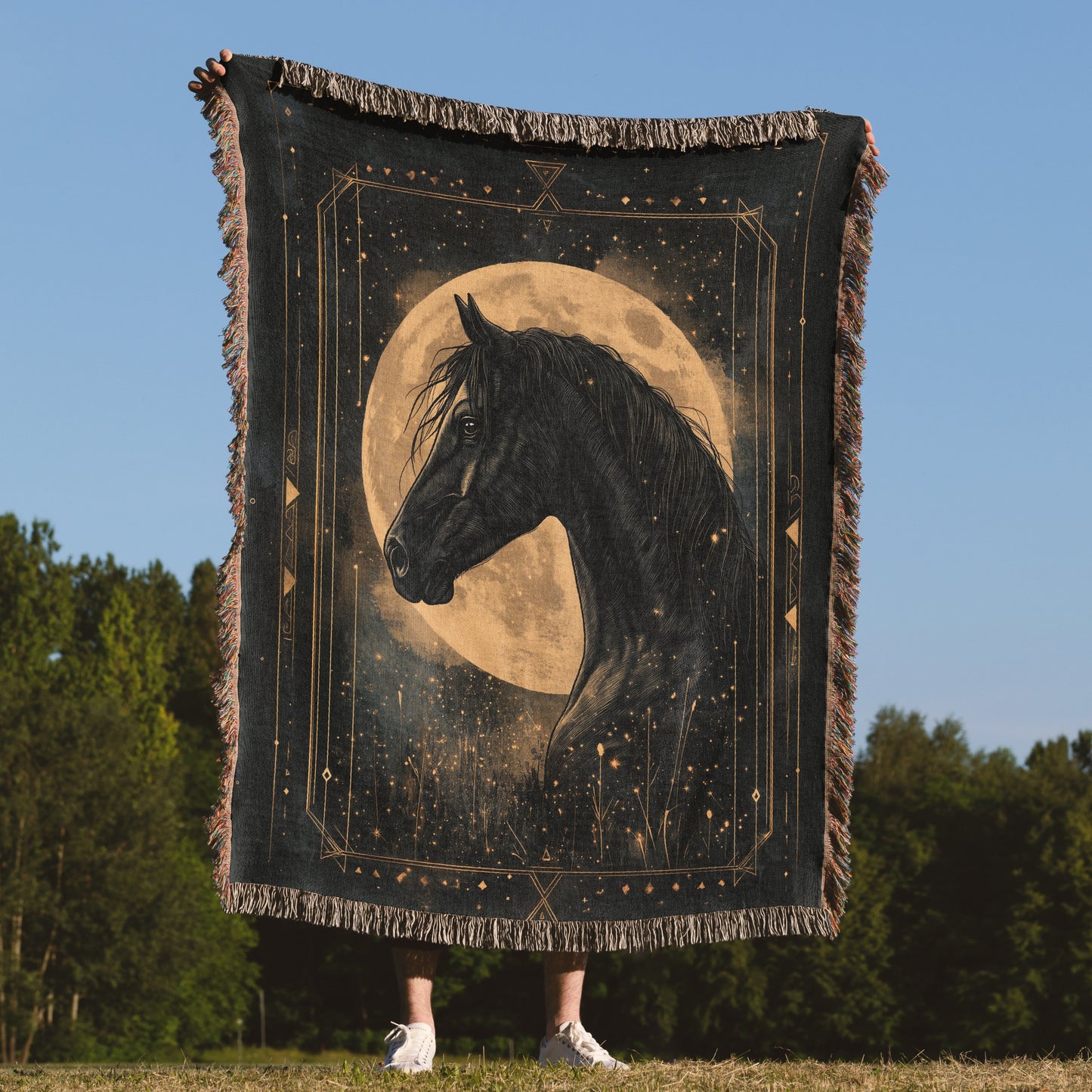 Enchanted Black Horse Woven Blanket - Moonlit Equestrian Tapestry
