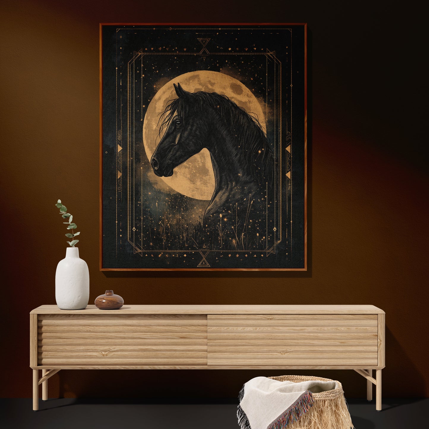 Enchanted Black Horse Woven Blanket - Moonlit Equestrian Tapestry
