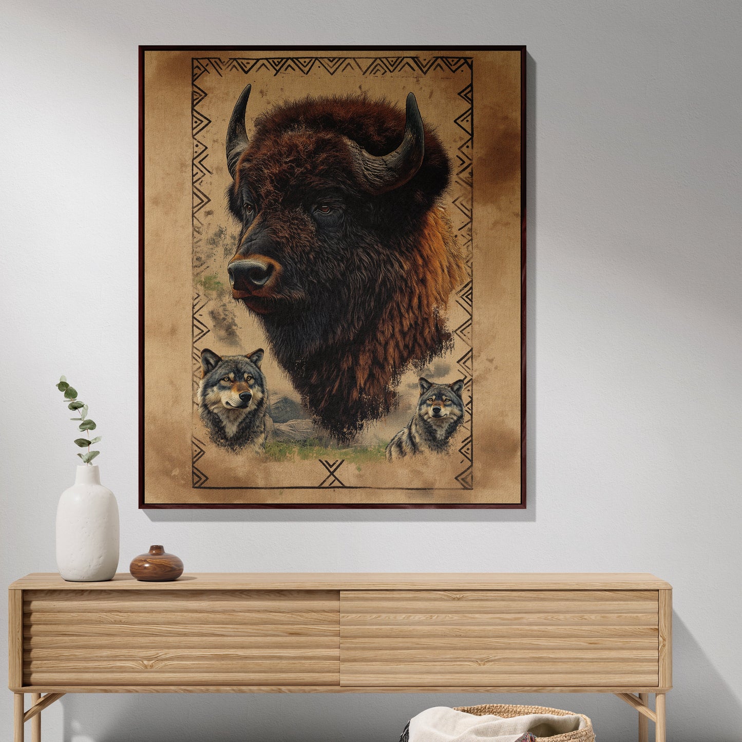 Majestic Bison & Wolves Woven Blanket - Rustic Wildlife Tapestry
