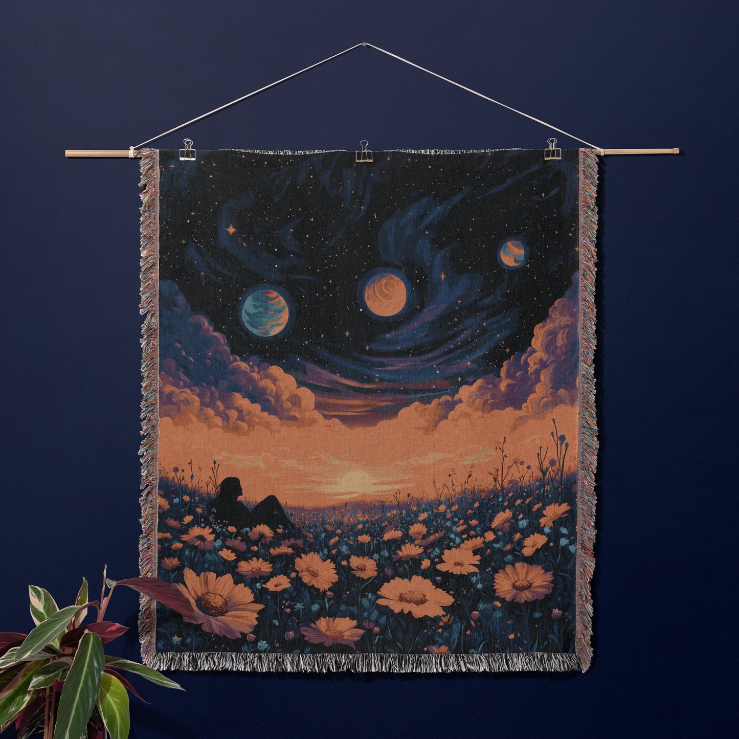 π Cosmic Daydream Woven Blanket - Surreal Galaxy & Floral Tapestry