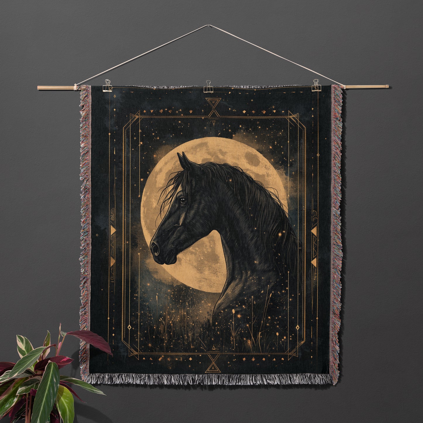 Enchanted Black Horse Woven Blanket - Moonlit Equestrian Tapestry