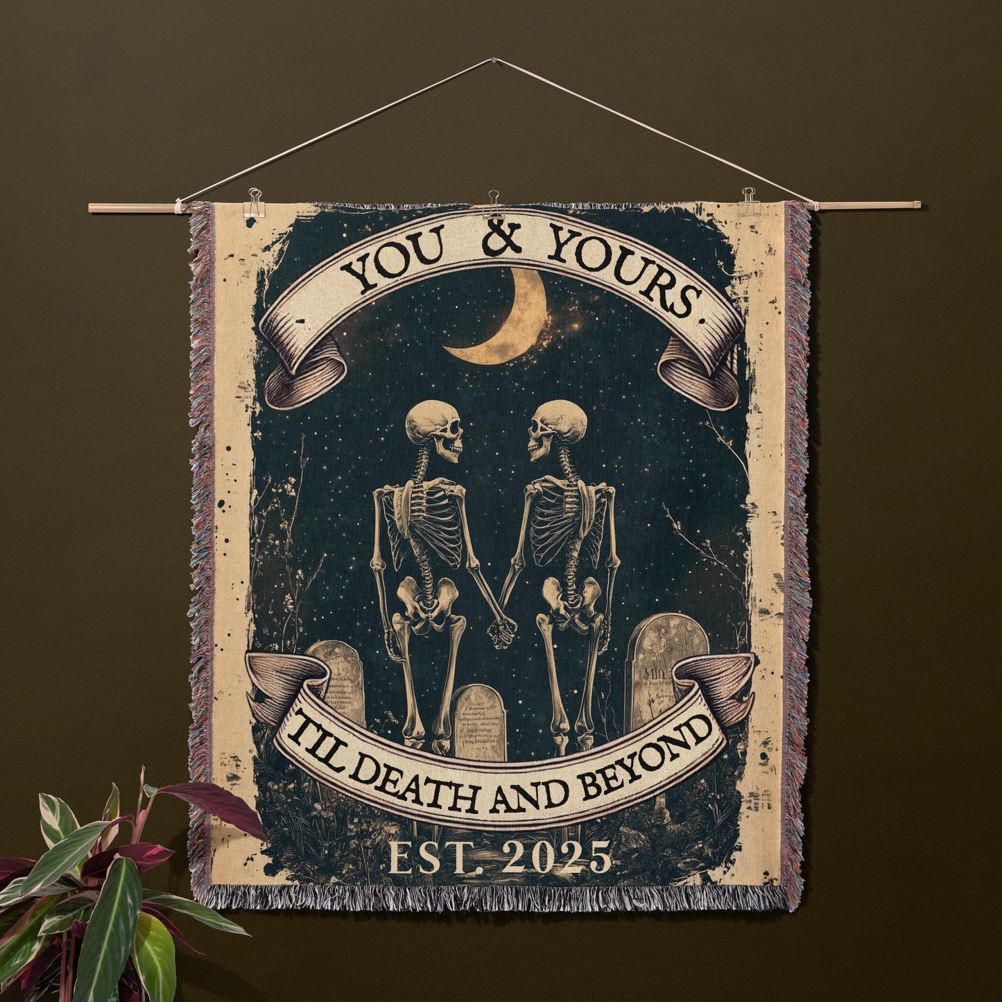 Custom Woven Gothic Blanket Tapestry - Romantic Skeleton Couple | Personalized Wedding, Anniversary & Valentine’s Day Gift