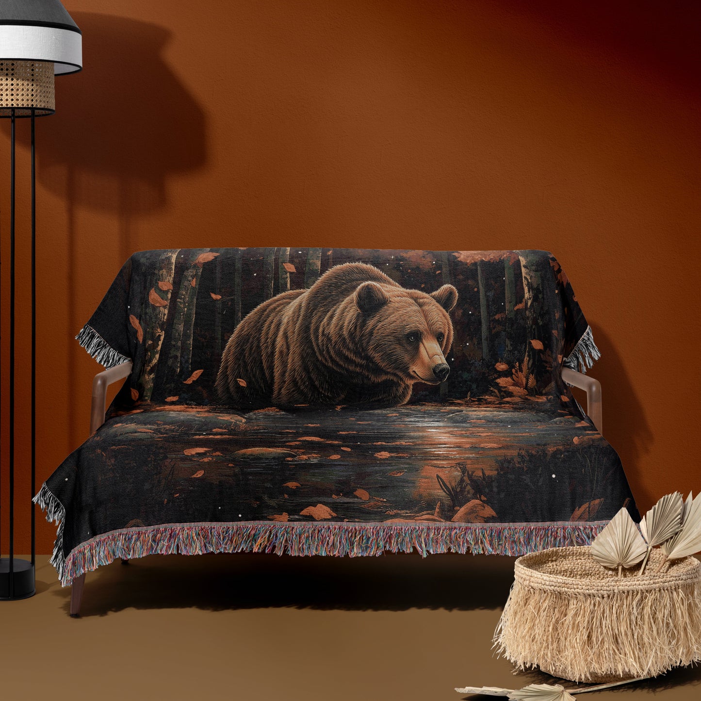 Majestic Autumn Grizzly Woven Blanket - Rustic Wildlife Tapestry
