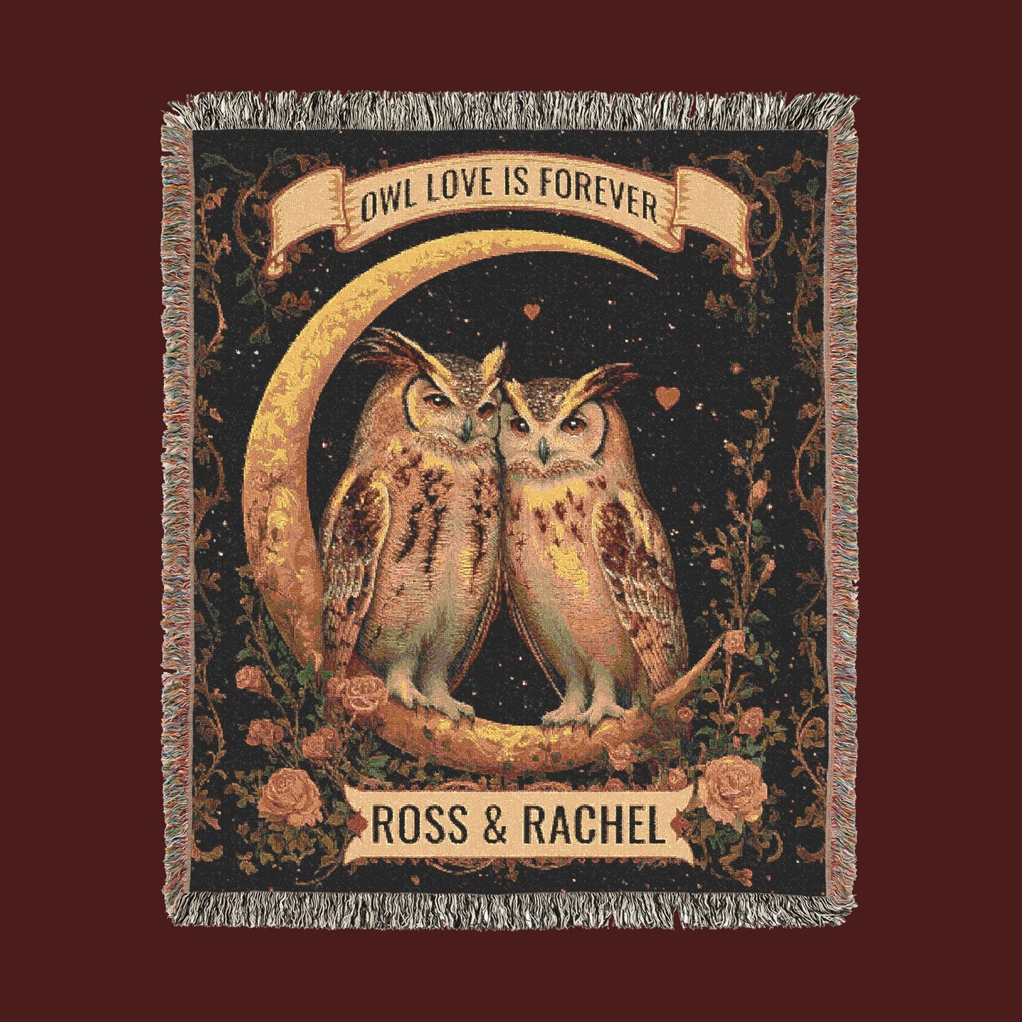 Custom Woven Blanket - Personalized Owl Love Tapestry - Romantic Gift for Couples