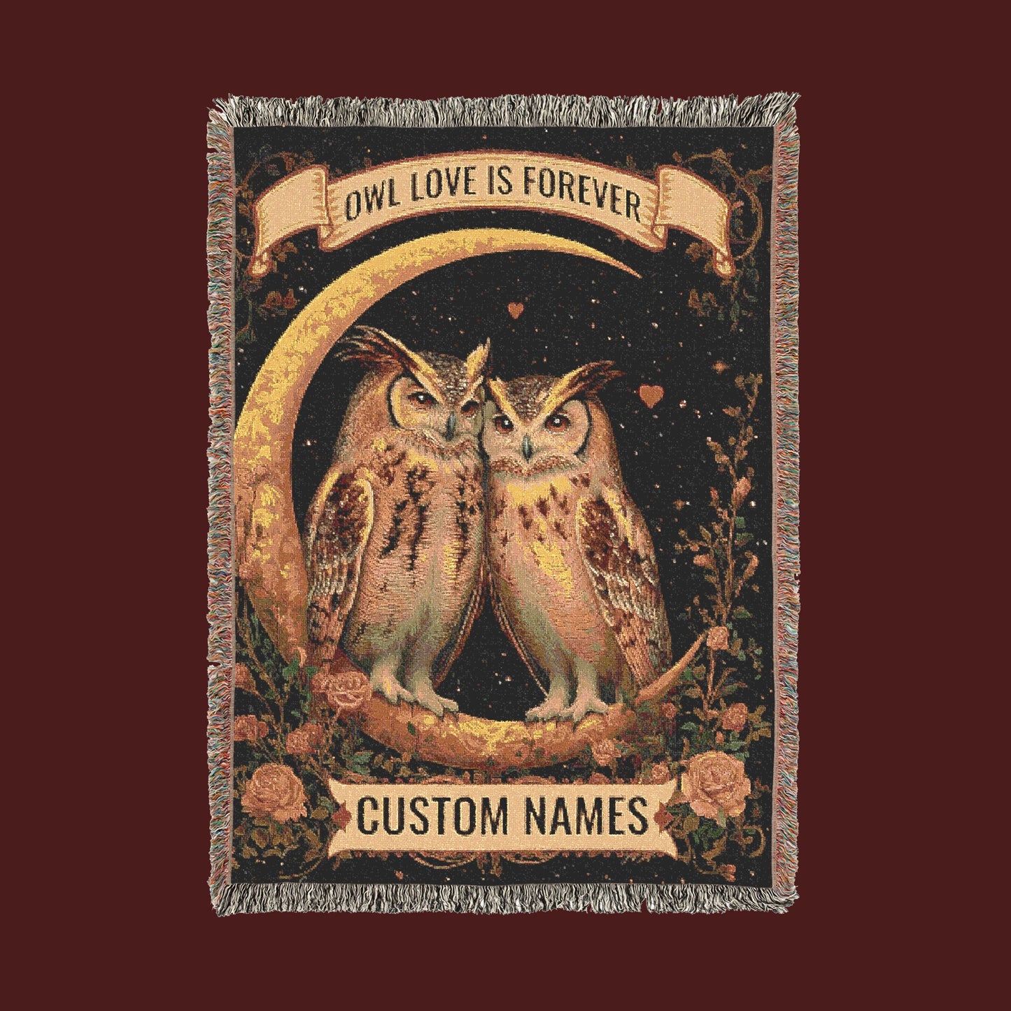 Custom Woven Blanket - Personalized Owl Love Tapestry - Romantic Gift for Couples