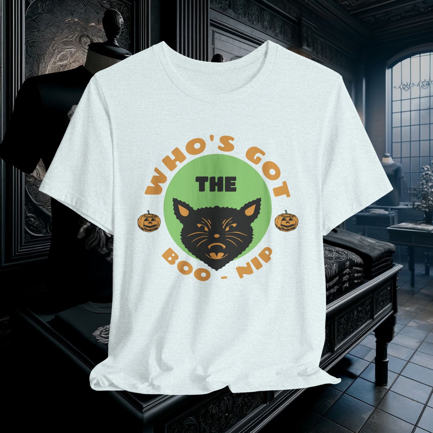Vintage Who’s Got the Boo-Nip Halloween T-Shirt - Fun Cat & Pumpkin Design | Spooky Season Apparel