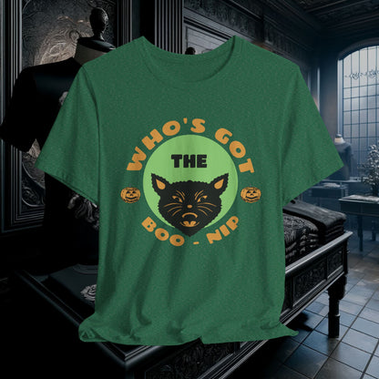 Vintage Who’s Got the Boo-Nip Halloween T-Shirt - Fun Cat & Pumpkin Design | Spooky Season Apparel