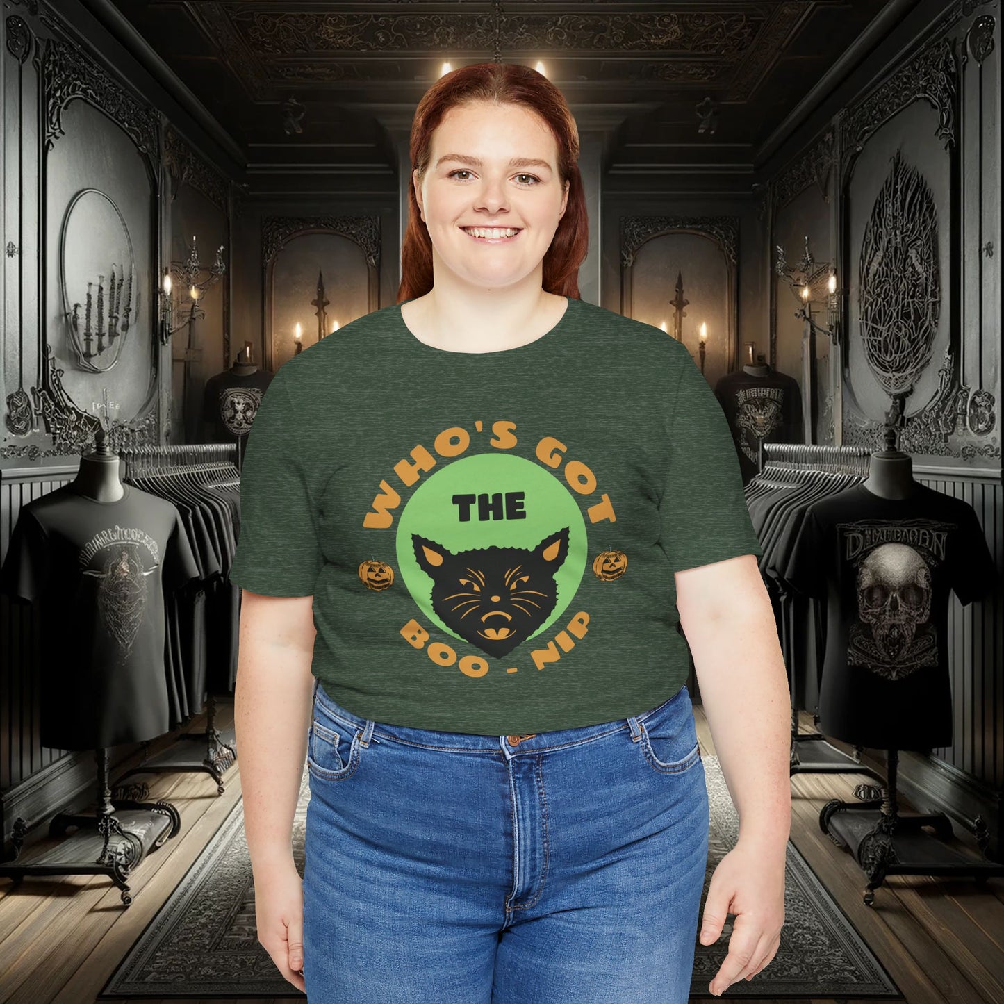 Vintage Who’s Got the Boo-Nip Halloween T-Shirt - Fun Cat & Pumpkin Design | Spooky Season Apparel