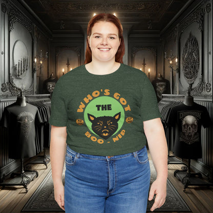 Vintage Who’s Got the Boo-Nip Halloween T-Shirt - Fun Cat & Pumpkin Design | Spooky Season Apparel