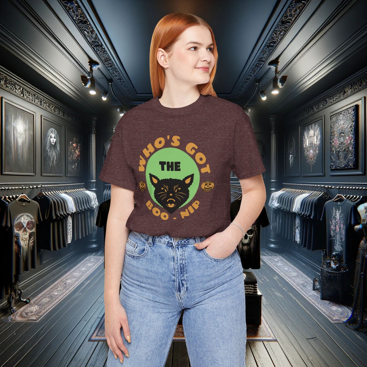 Vintage Who’s Got the Boo-Nip Halloween T-Shirt - Fun Cat & Pumpkin Design | Spooky Season Apparel