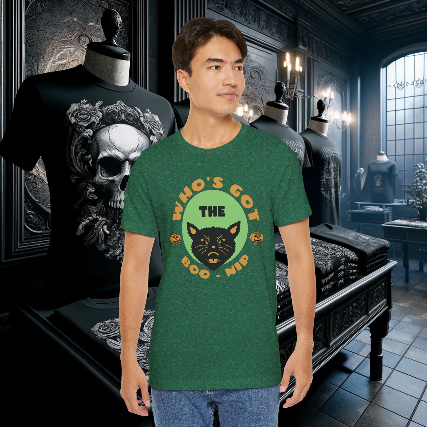 Vintage Who’s Got the Boo-Nip Halloween T-Shirt - Fun Cat & Pumpkin Design | Spooky Season Apparel