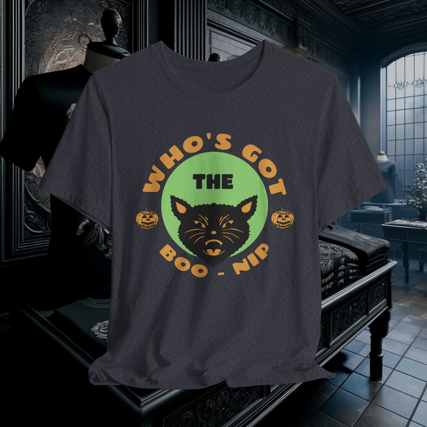 Vintage Who’s Got the Boo-Nip Halloween T-Shirt - Fun Cat & Pumpkin Design | Spooky Season Apparel