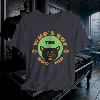 Vintage Who’s Got the Boo-Nip Halloween T-Shirt - Fun Cat & Pumpkin Design | Spooky Season Apparel