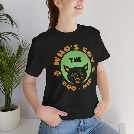 Vintage Who’s Got the Boo-Nip Halloween T-Shirt - Fun Cat & Pumpkin Design | Spooky Season Apparel