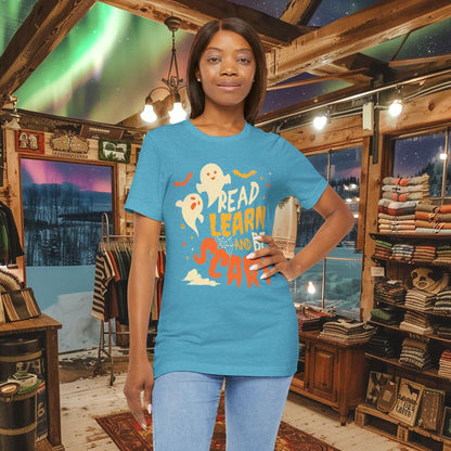Read, Learn, and Be Scary Halloween T-Shirt - Fun Classroom & Teacher Apparel for Spooky Season