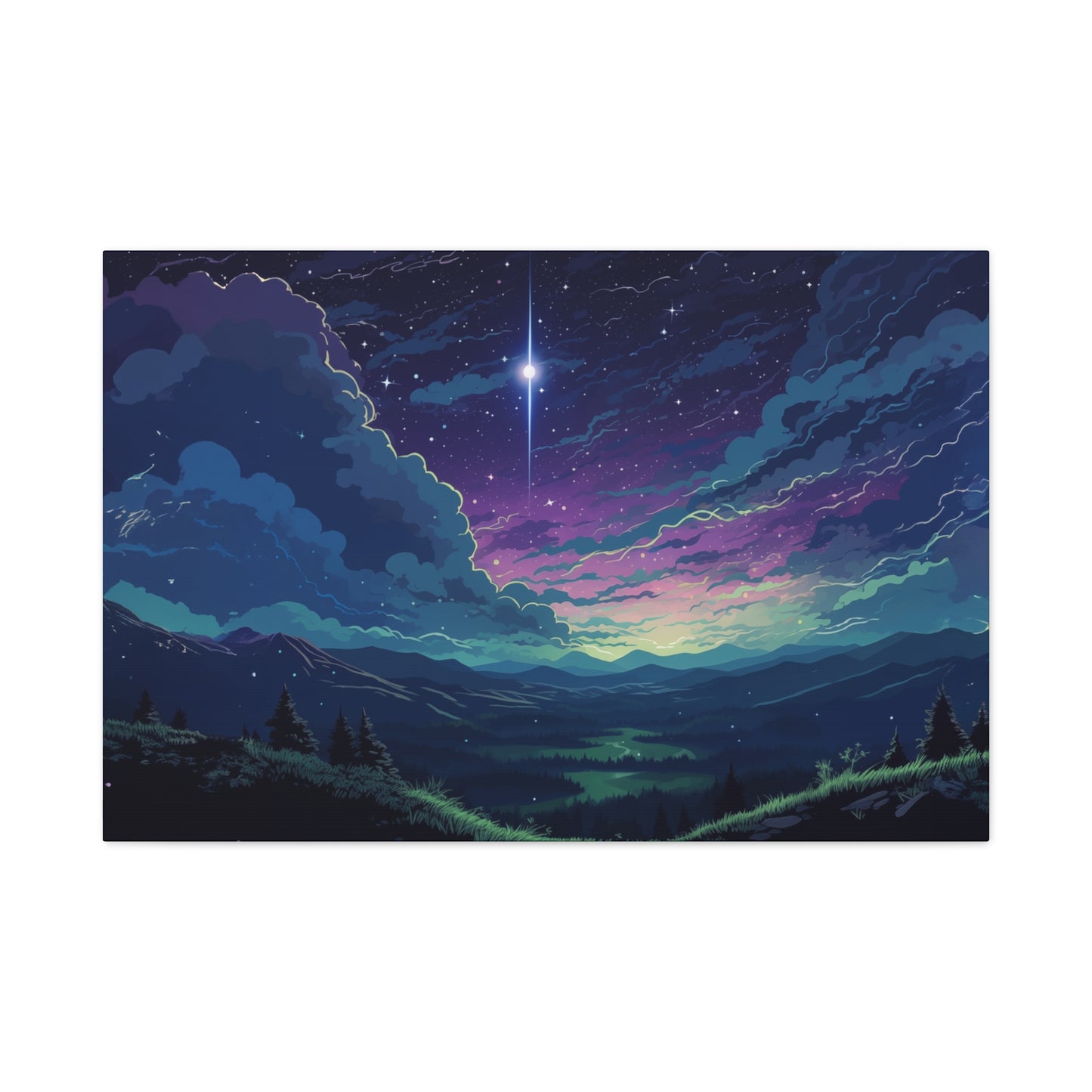 Lo-Fi Starry Night Wall Art - Tranquil Fantasy Landscape Canvas Print for Home Decor