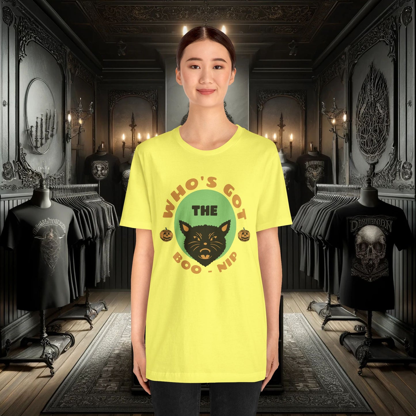Vintage Who’s Got the Boo-Nip Halloween T-Shirt - Fun Cat & Pumpkin Design | Spooky Season Apparel
