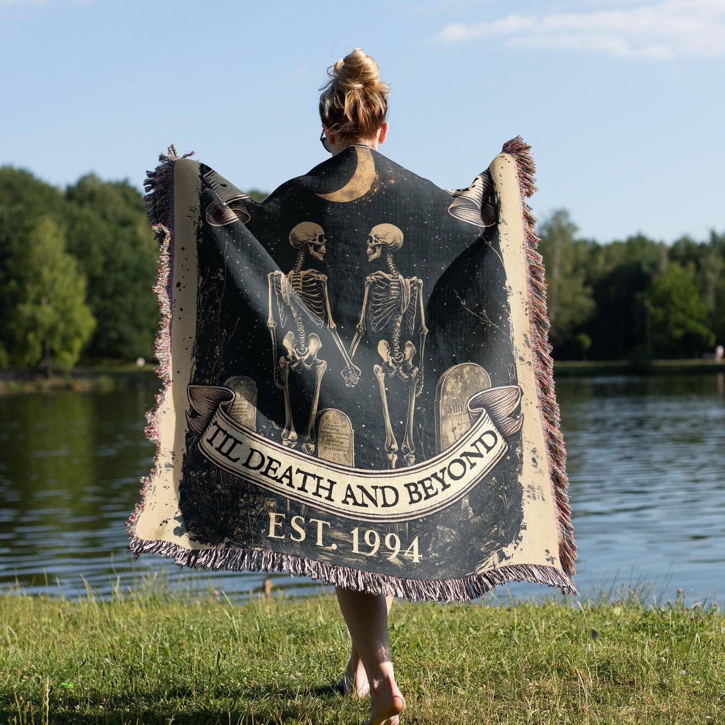 Custom Woven Gothic Blanket Tapestry - Romantic Skeleton Couple | Personalized Wedding, Anniversary & Valentine’s Day Gift