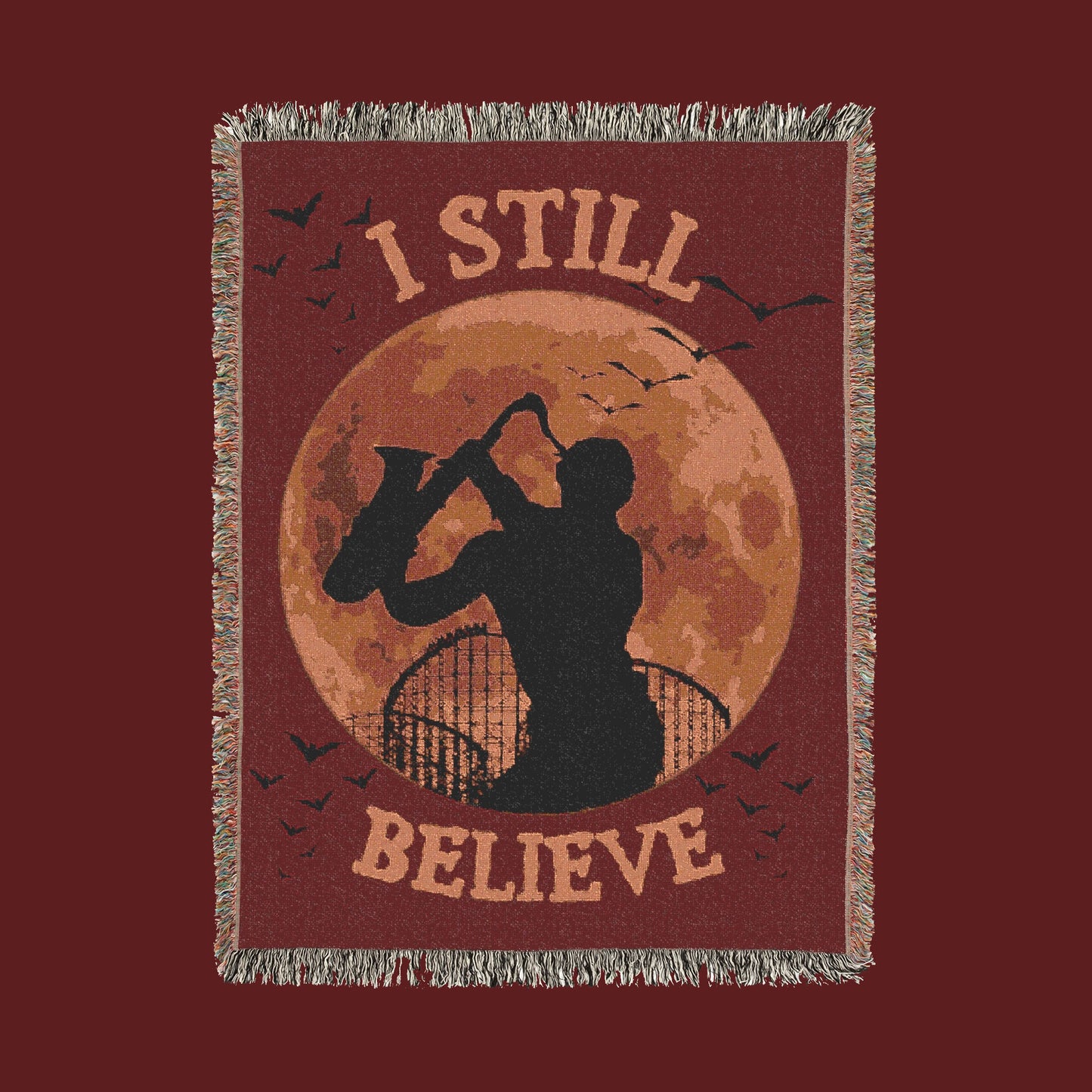 "I Still Believe" Lost Boys Sax Man Woven Blanket Tapestry – 80s Horror Inspired Throw