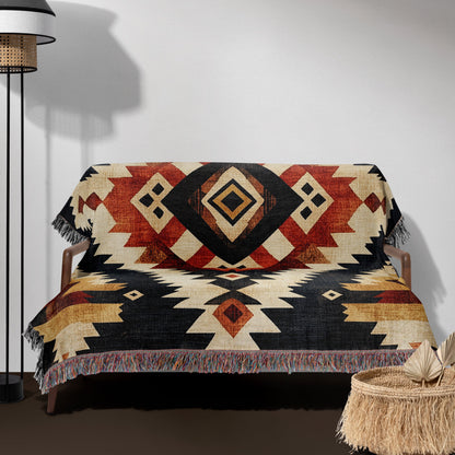 Southwestern Tribal Woven Blanket - Rustic Boho Geometric Tapestry
