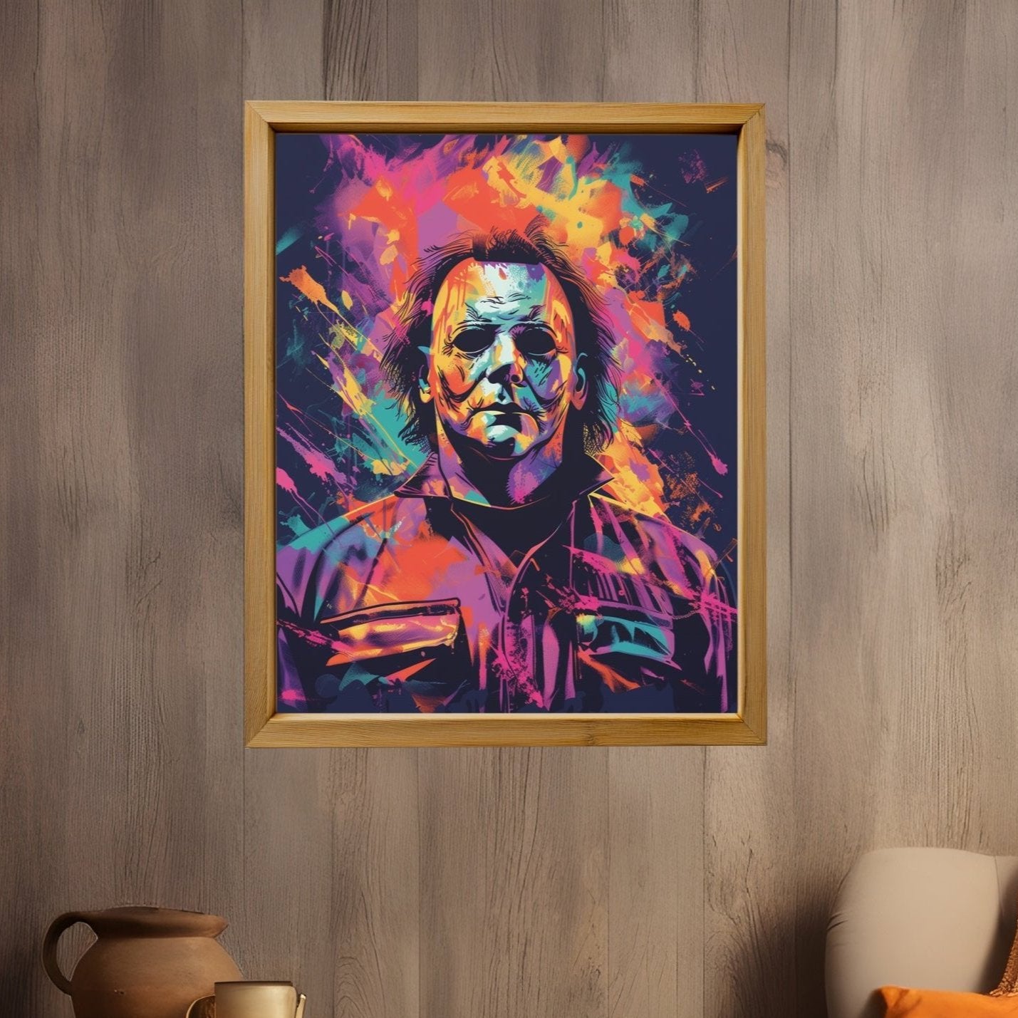 The Neon Boogeyman – Michael Myers Halloween inspired Abstract Canvas Art Wall Decor