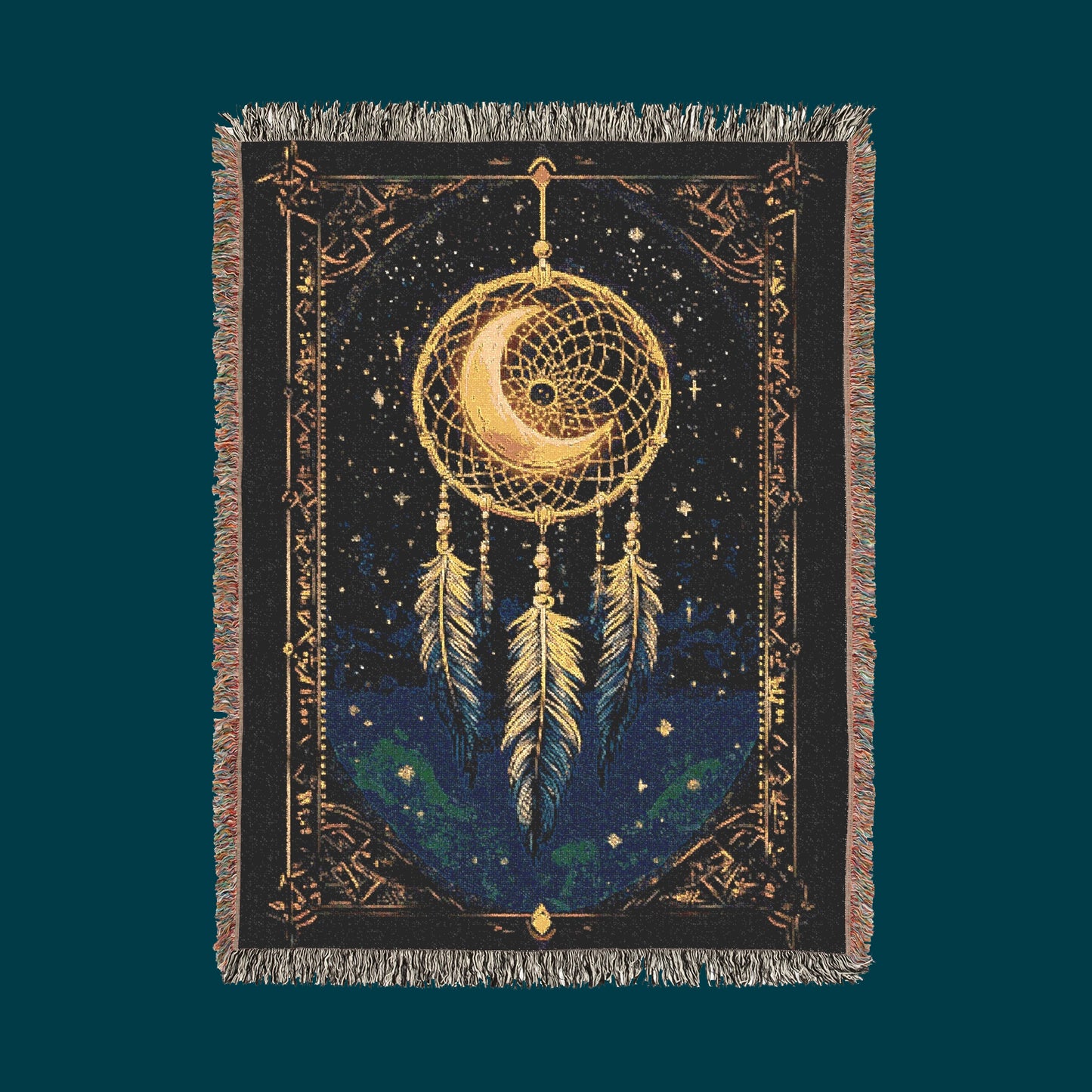 Celestial Dreamcatcher Woven Blanket - Mystical Moon & Stars Tapestry
