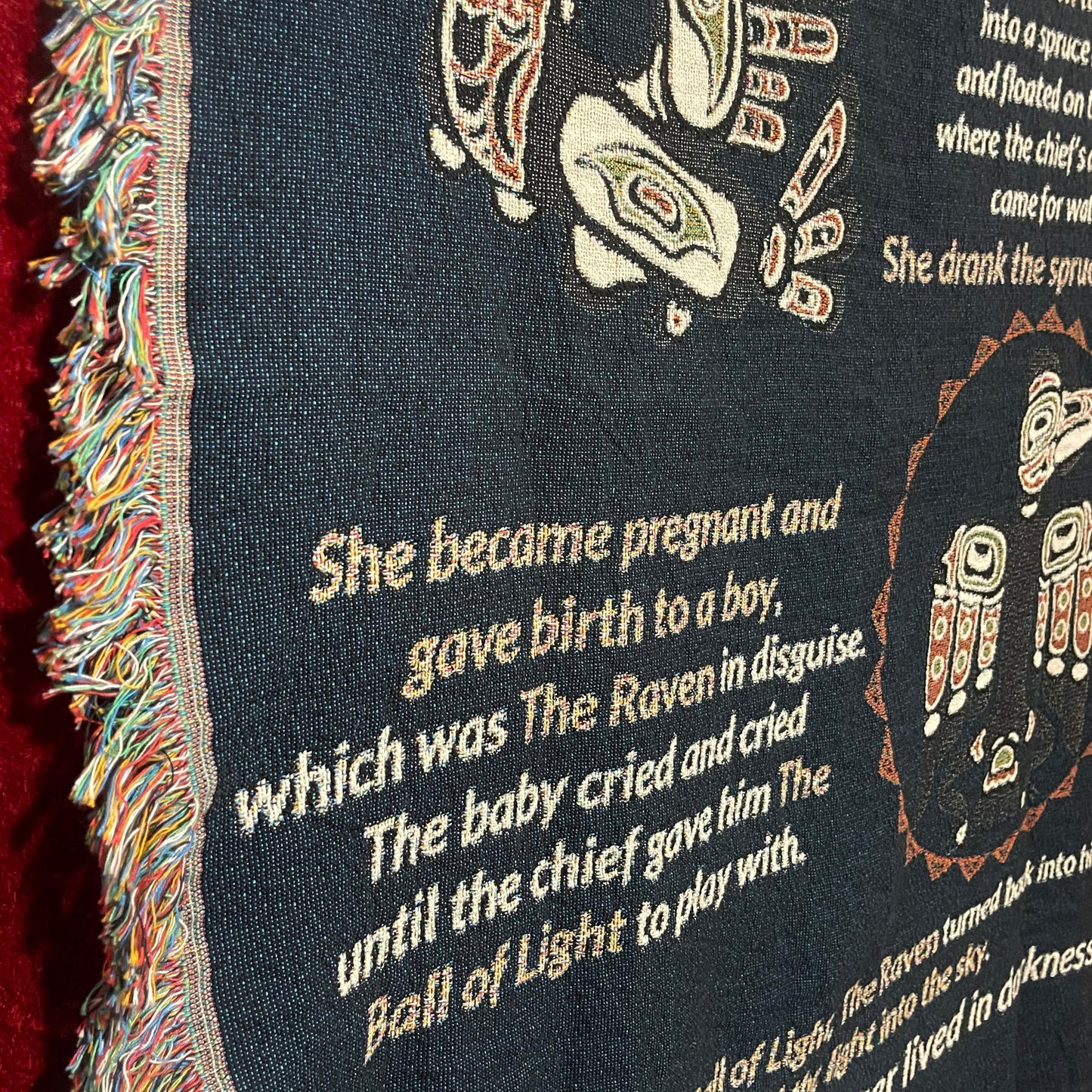 Northern Exposure Inspired Tlingit Raven Story Woven Blanket & Tapestry – Unique Indigenous Art for Home Décor