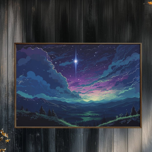 Lo-Fi Starry Night Wall Art - Tranquil Fantasy Landscape Canvas Print for Home Decor