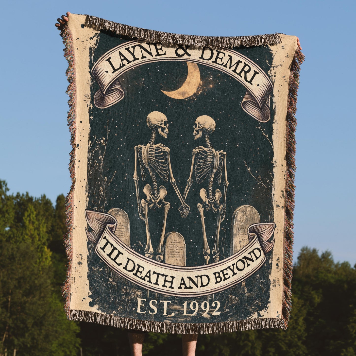 Custom Woven Gothic Blanket Tapestry - Romantic Skeleton Couple | Personalized Wedding, Anniversary & Valentine’s Day Gift