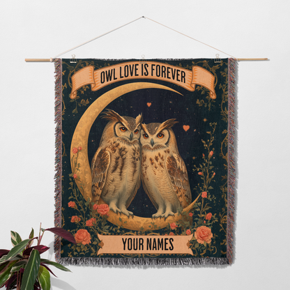 Custom Woven Blanket - Personalized Owl Love Tapestry - Romantic Gift for Couples