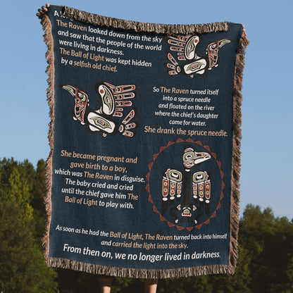 Northern Exposure Inspired Tlingit Raven Story Woven Blanket & Tapestry – Unique Indigenous Art for Home Décor