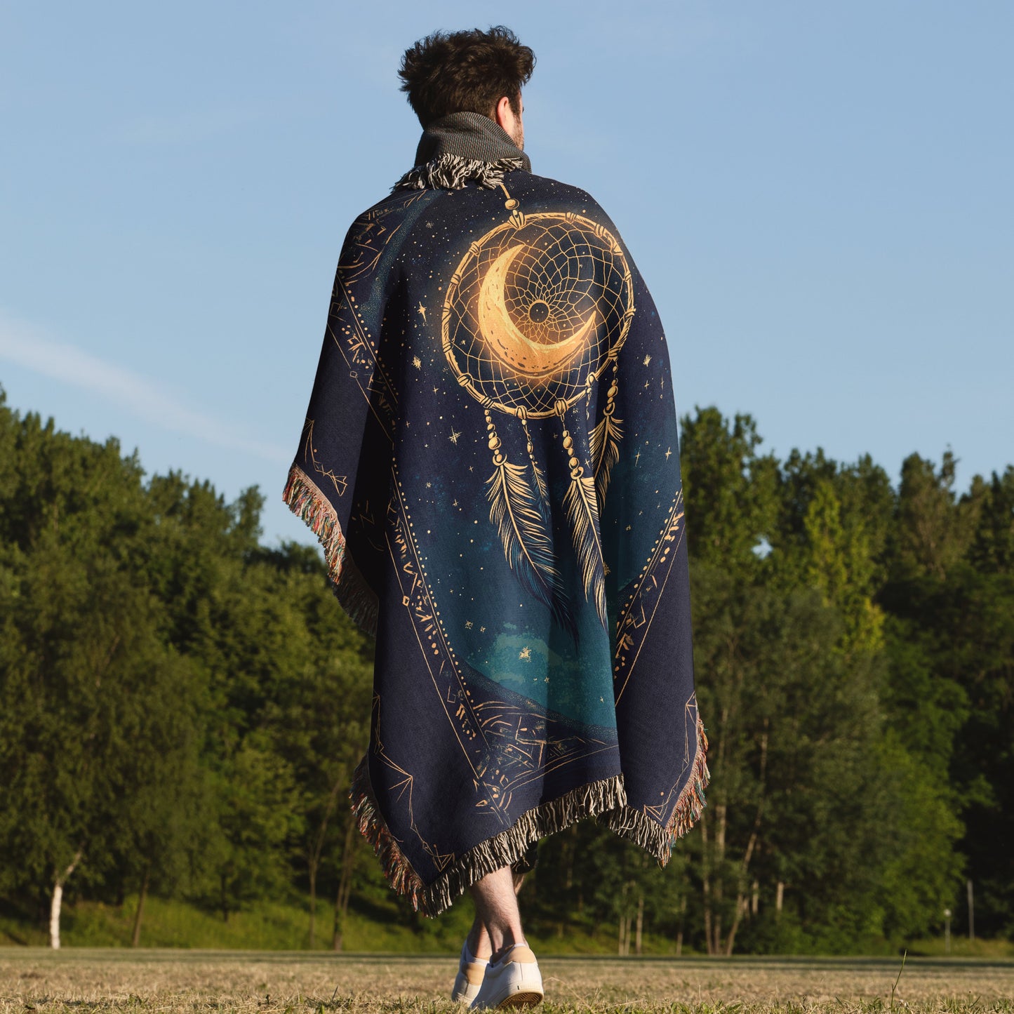 Celestial Dreamcatcher Woven Blanket - Mystical Moon & Stars Tapestry