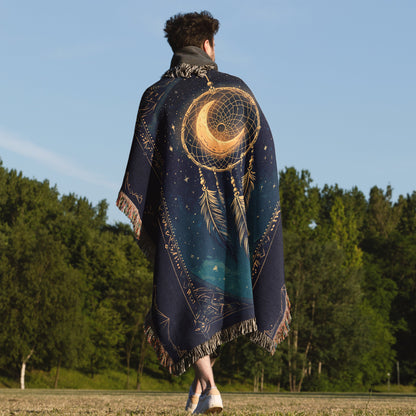 Celestial Dreamcatcher Woven Blanket - Mystical Moon & Stars Tapestry