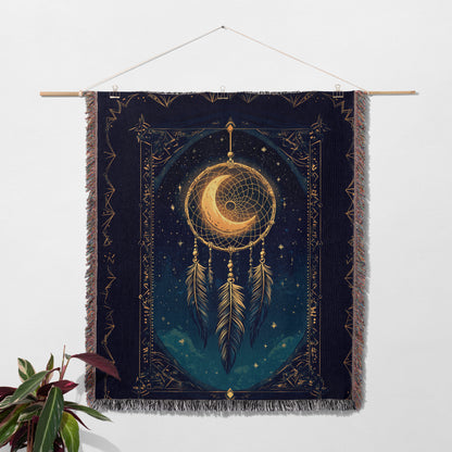 Celestial Dreamcatcher Woven Blanket - Mystical Moon & Stars Tapestry