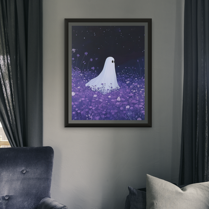 Night Wanderer Canvas Wall Art - Spooky Ghost in Lavender Field | Serene Halloween Decor