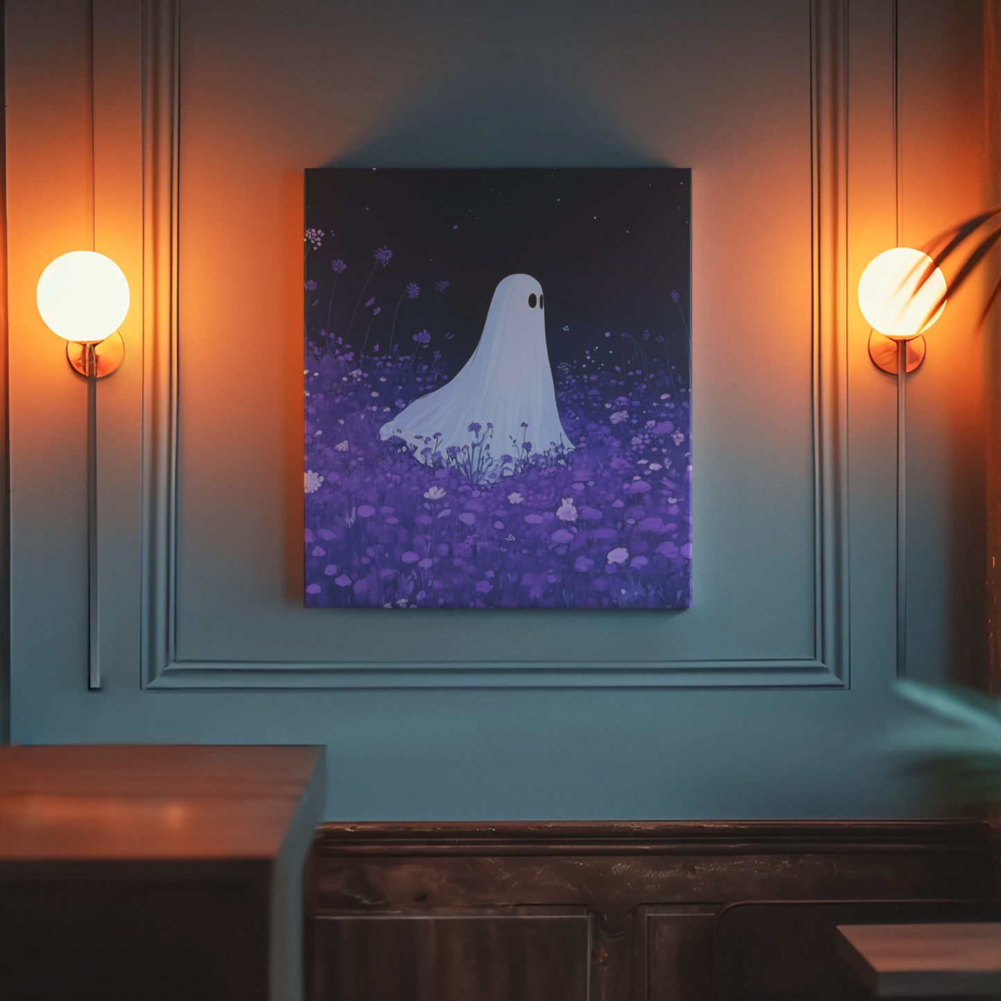 Night Wanderer Canvas Wall Art - Spooky Ghost in Lavender Field | Serene Halloween Decor