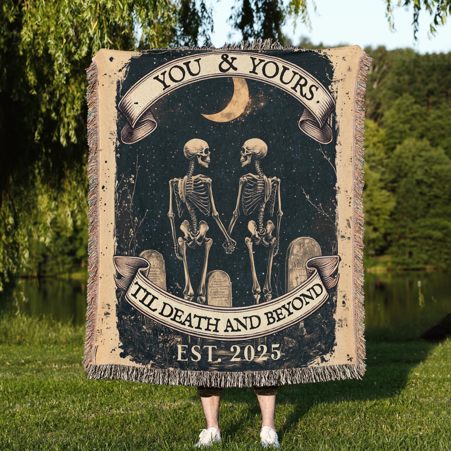 Custom Woven Gothic Blanket Tapestry - Romantic Skeleton Couple | Personalized Wedding, Anniversary & Valentine’s Day Gift