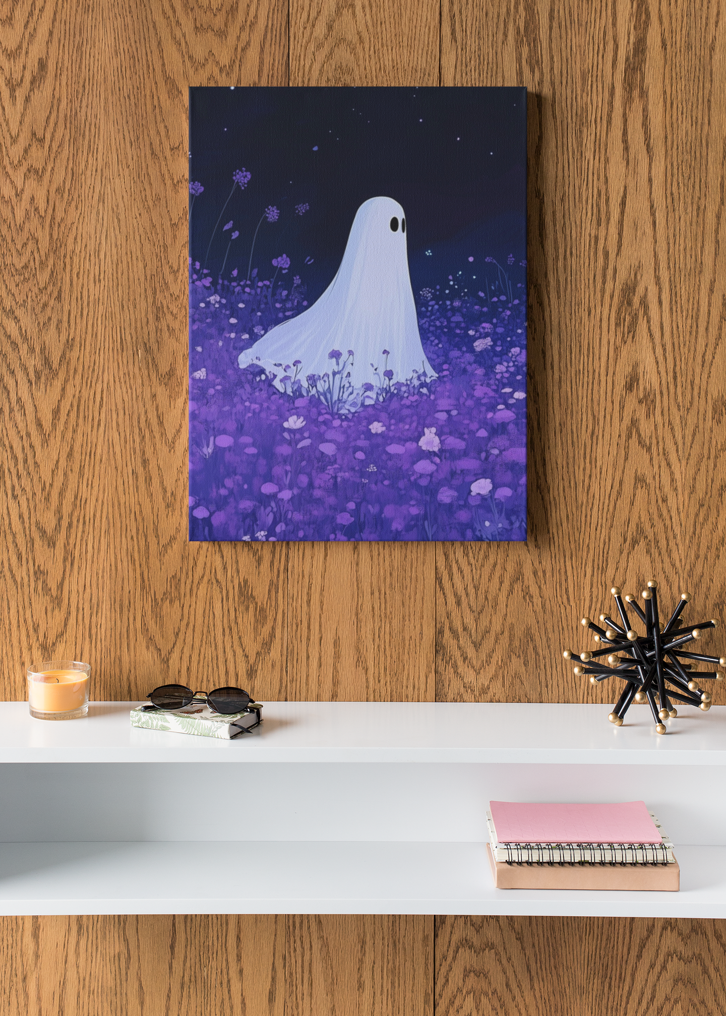 Night Wanderer Canvas Wall Art - Spooky Ghost in Lavender Field | Serene Halloween Decor